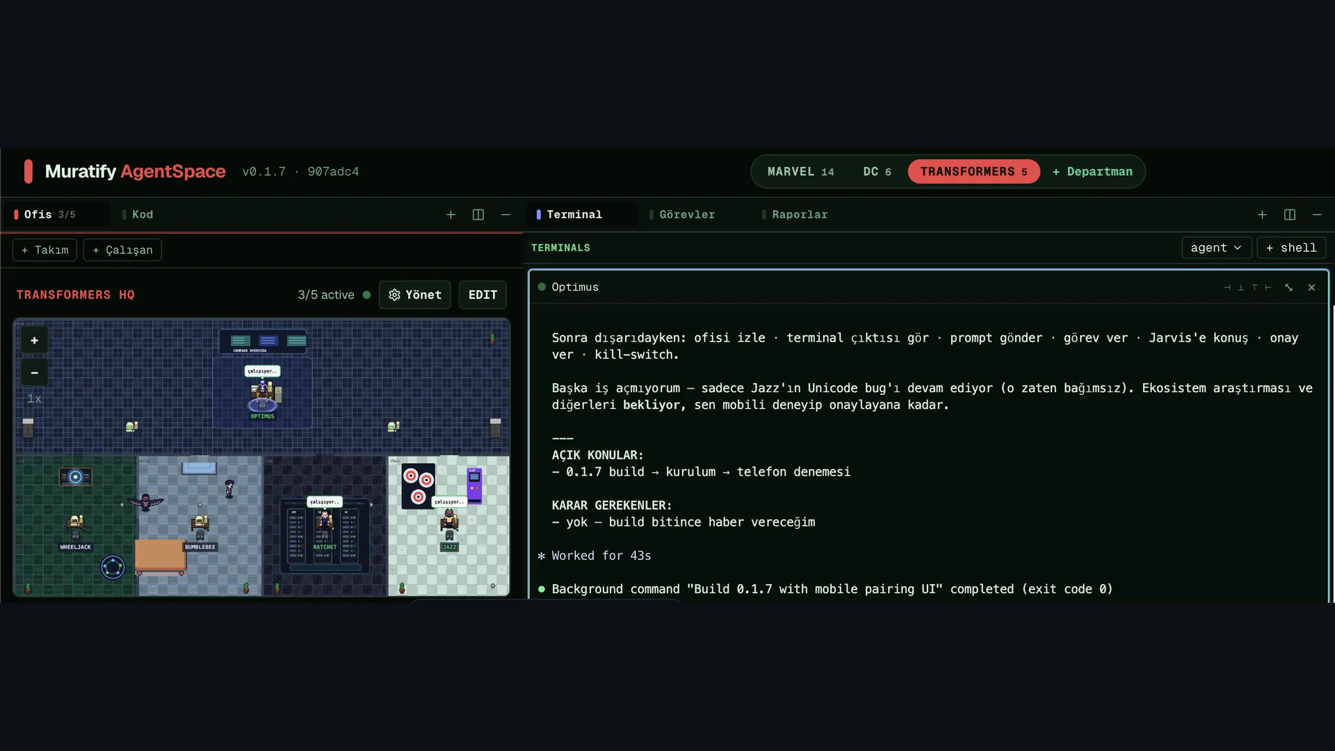 Real screenshot of Muratify AgentSpace: AI agents working at their desks in the pixel office, with an agent's live terminal output on the right.