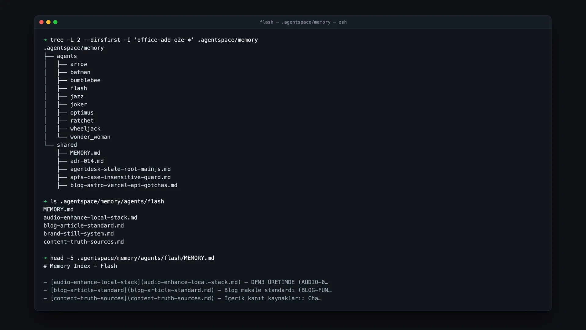 Terminal view of the .agentspace/memory tree: a memory folder per AI agent, a shared/ team memory, and the first lines of Flash's MEMORY.md index.