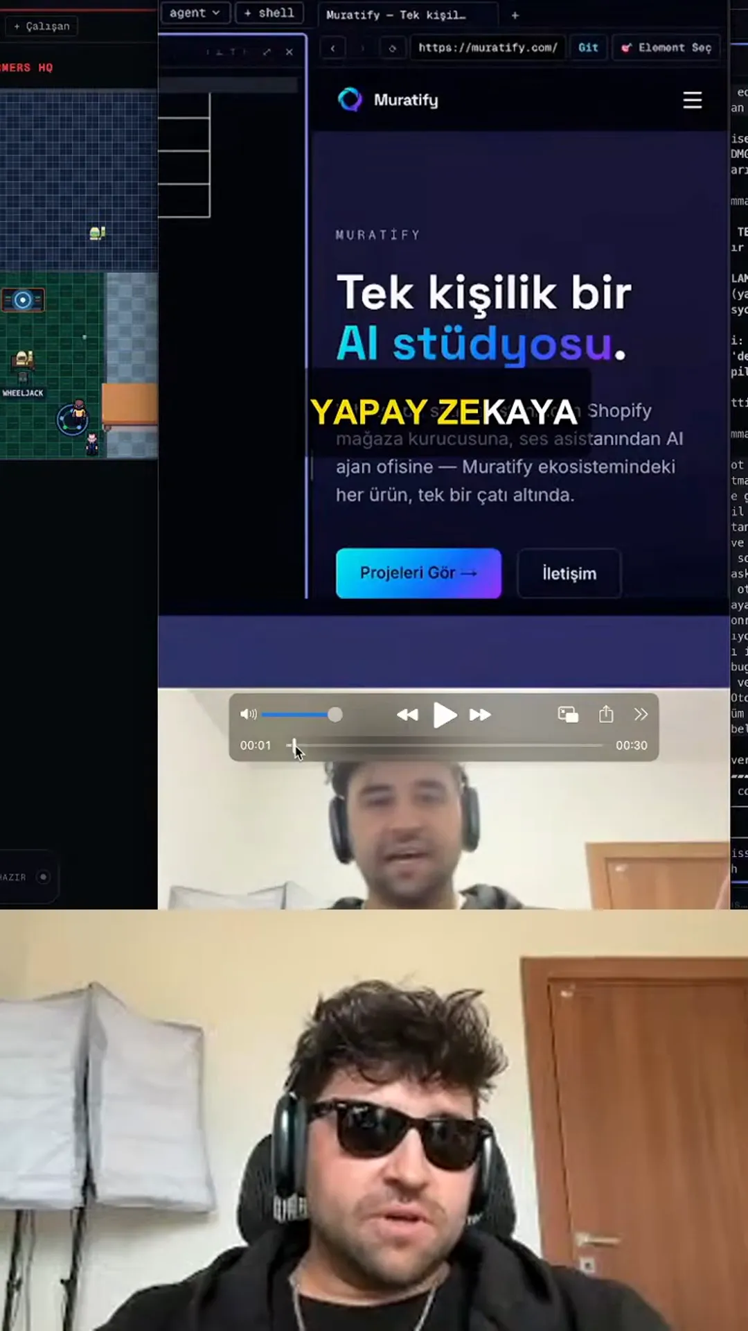 Klip motorunun gerçek çıktısı: dikey 9:16 karede üstte zoom'lu ekran kaydı, altta webcam, ortada otomatik karaoke altyazı.